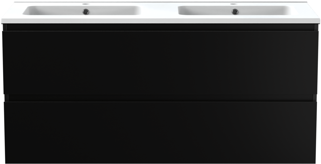 Linie Lado zwevend badmeubel 120 x 46 cm mat zwart met Vano dubbele wastafel in composietmarmer mat wit
