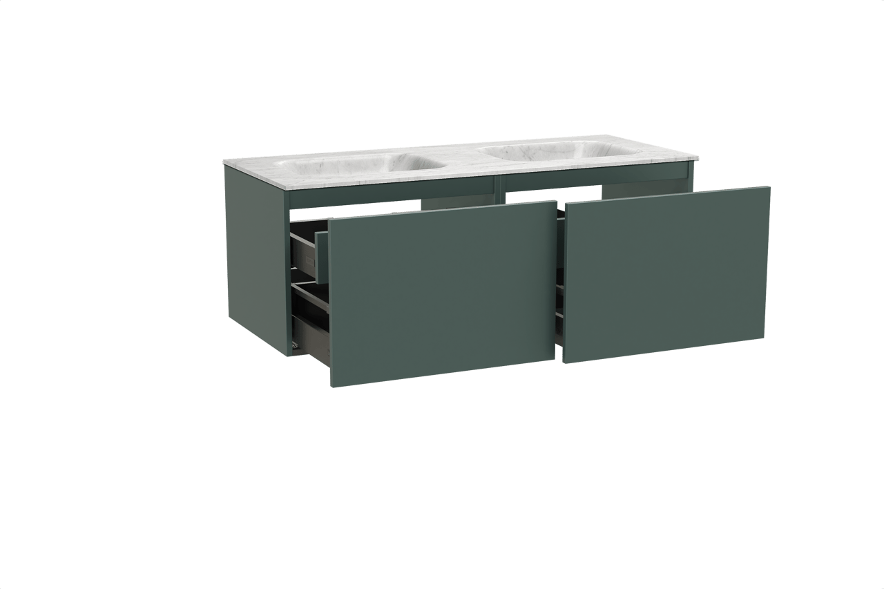 Balmani Sfera zwevend badkamermeubel 135 x 55 cm forest met Tablo Arcato dubbele wastafel in marmer carrara