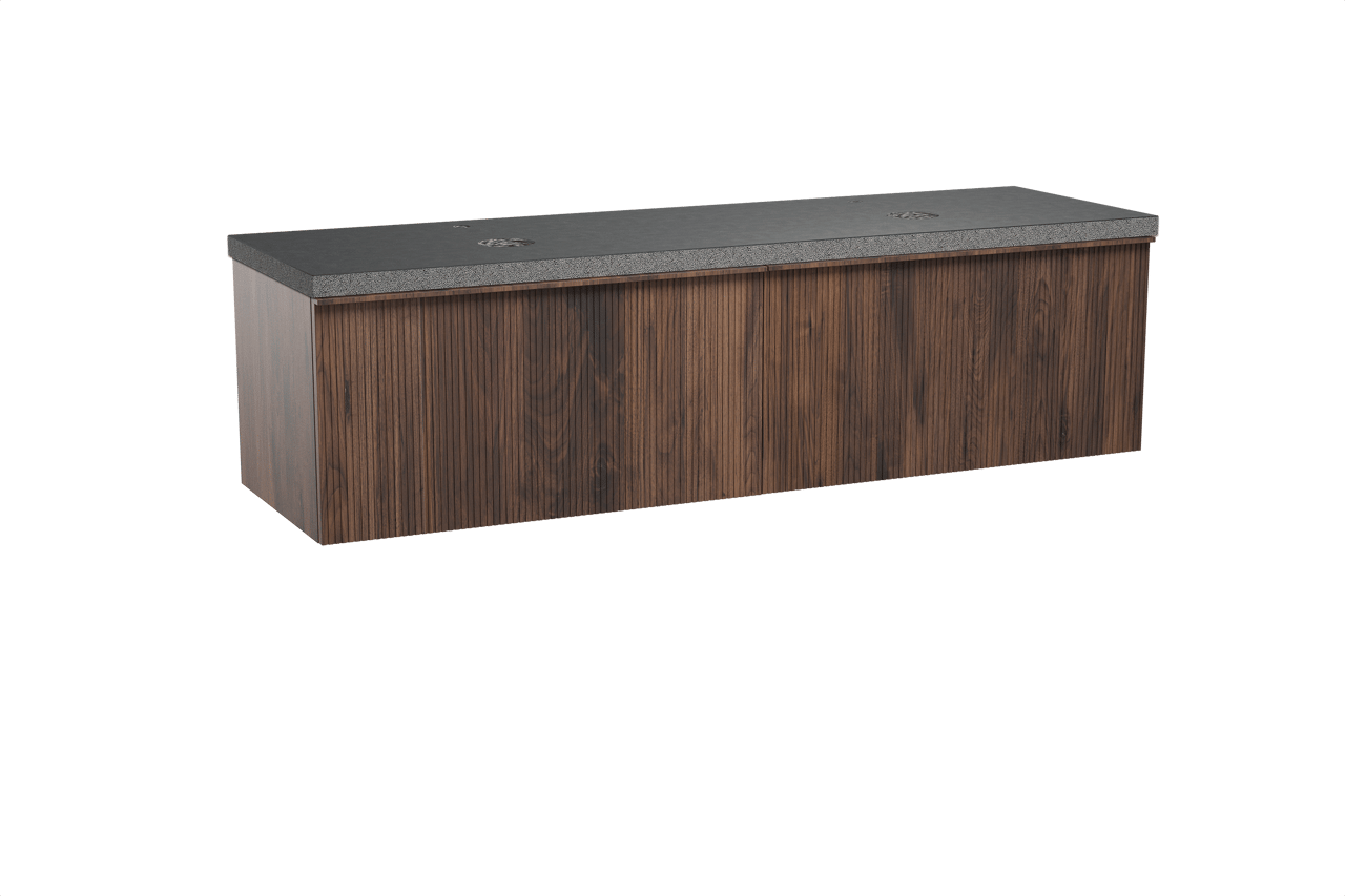 Balmani Forma meuble salle de bains suspendu 180 x 55 cm noyer américain avec Rock tablette double en granit noir, Nervure gauche symétrique verticale