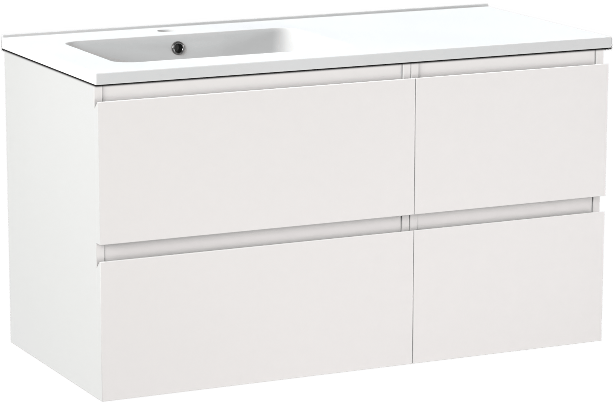 Linie Lado meuble salle de bains suspendu 100 x 46 cm blanc mat avec Vano plan vasque asymétrique à gauche en marbre composite blanc mat