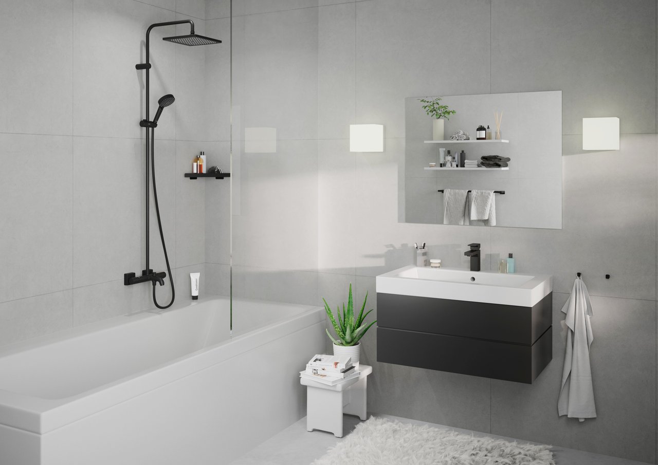 Hansgrohe Vernis Shape Duschsystem mit Thermostat-Badewannenarmatur Schwarz Matt