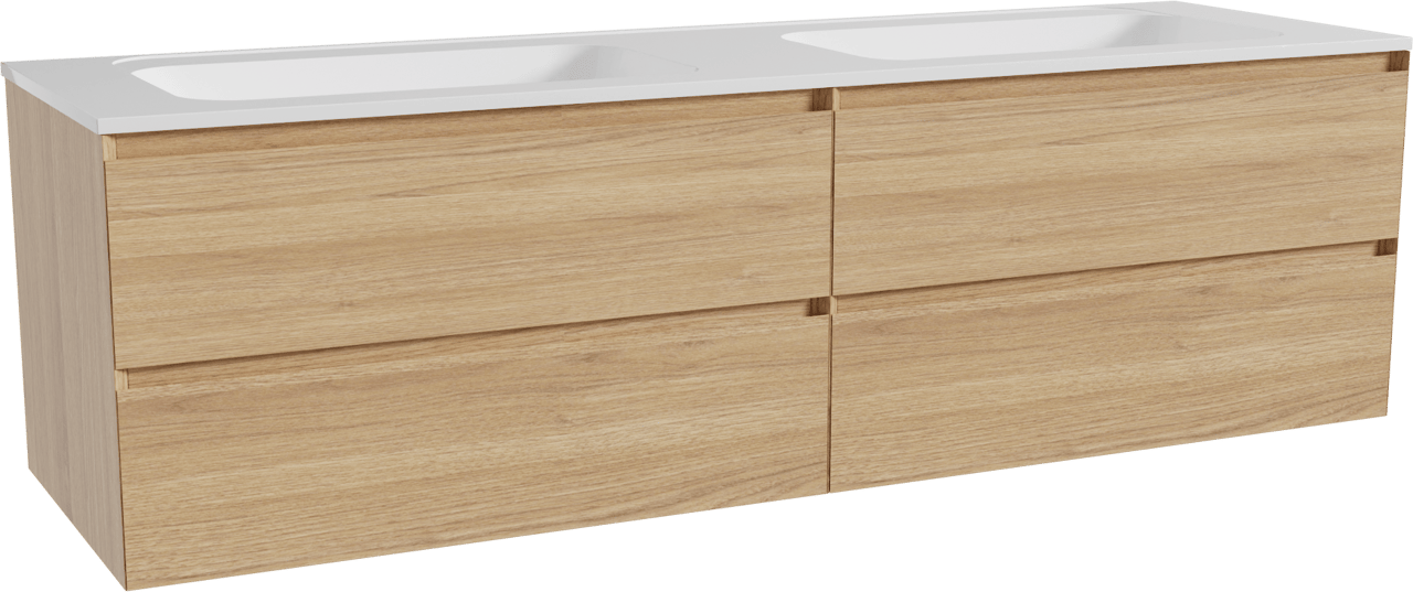 Balmani Mitra zwevend badmeubel 180 x 55 cm naturel eiken met Tablo Strada dubbele wastafel in composietmarmer hoogglans wit