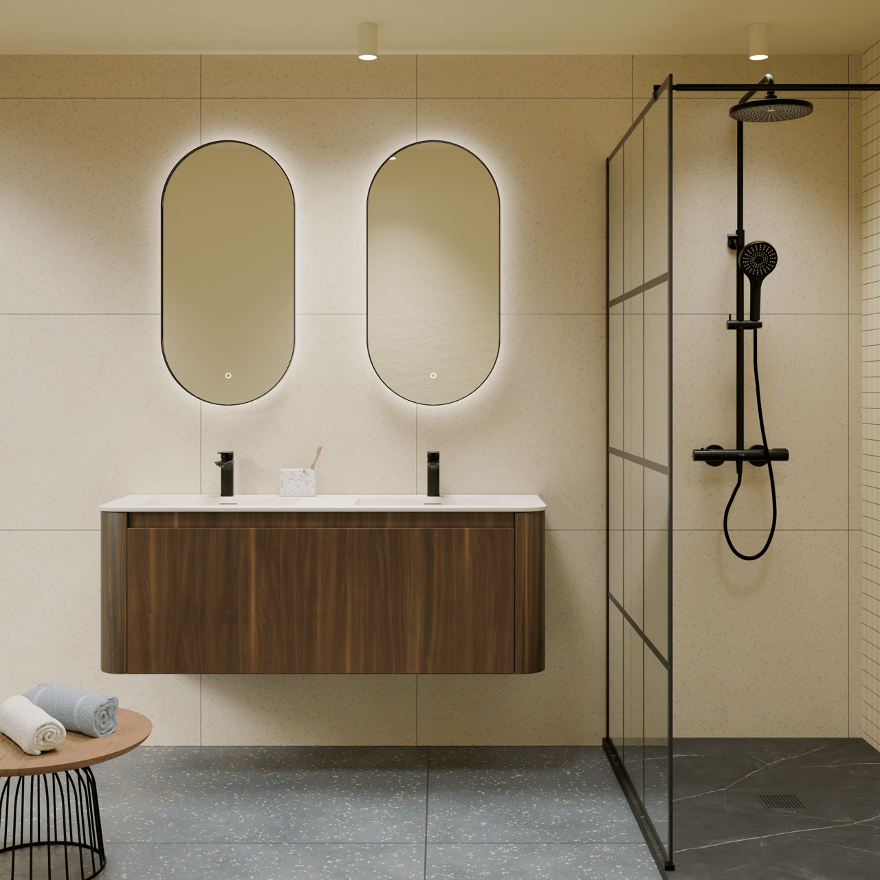 Storke Soft zwevend badkamermeubel 140 x 46 cm notelaar met Mata Soft dubbele wastafel in solid surface beige granita