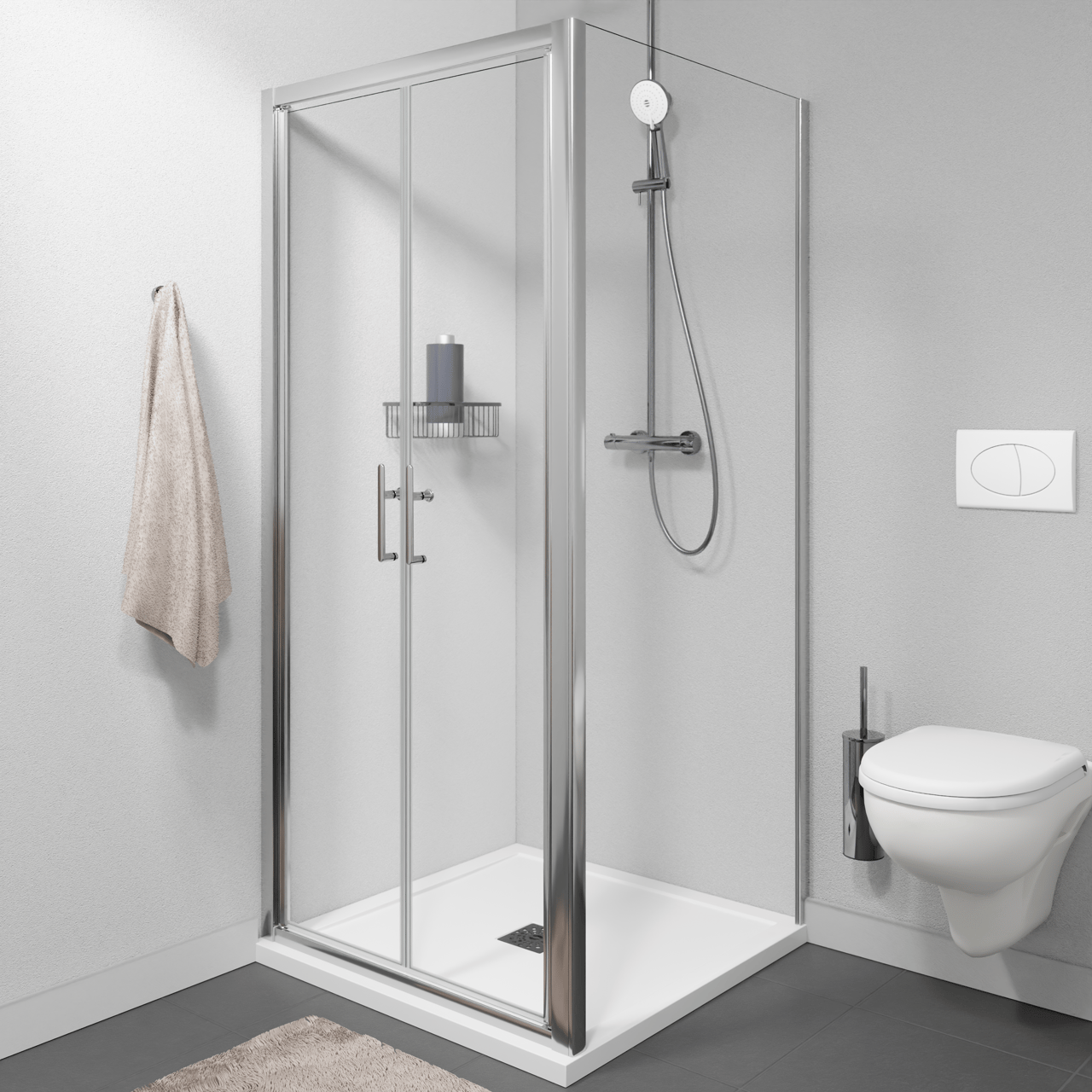 Linie Cadiz douchehoek met pendeldeur en vaste zijwand, 90 x 90 cm, helder glas, geborstelde chroom profielen