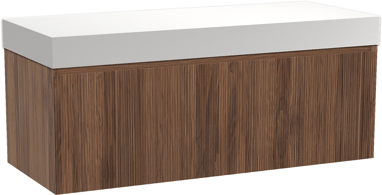 Balmani Fila zwevend badmeubel 135 x 55 cm notenhout met Dominus enkel of dubbel wastafelblad in solid surface mat wit, Verticale symmetrische rechte ribbel