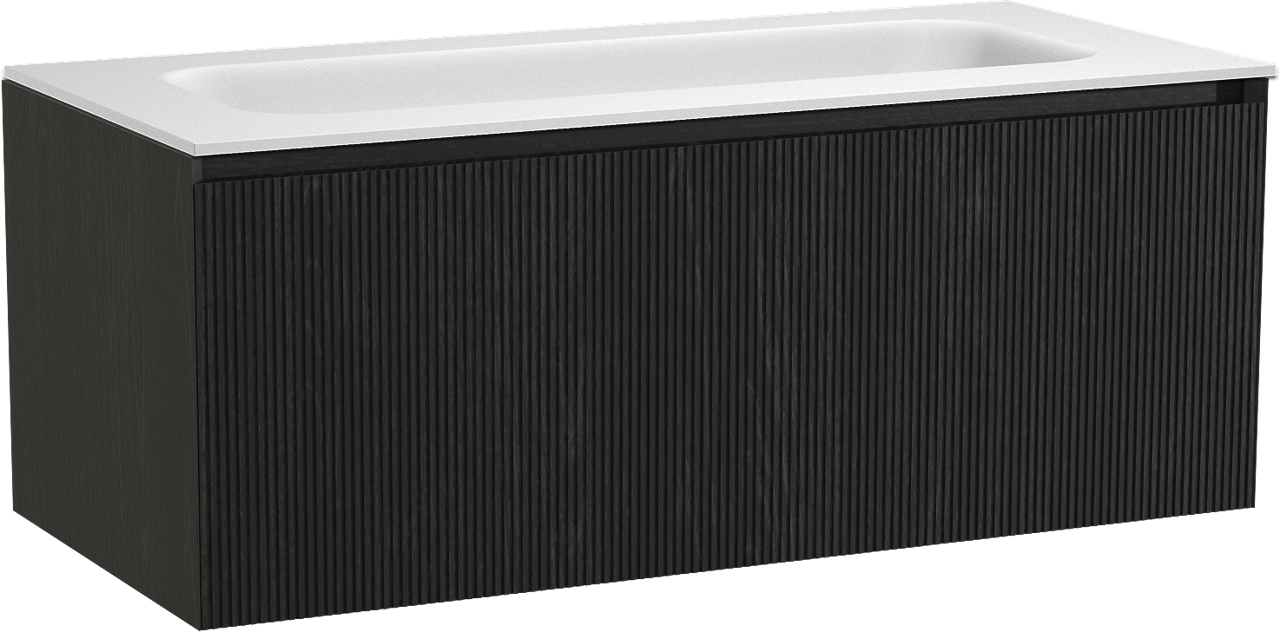 Balmani Fila zwevend badmeubel 120 x 55 cm zwart eiken met Tablo Arcato enkele wastafel voor 2 kraangaten in solid surface mat wit, Verticale symmetrische rechte ribbel