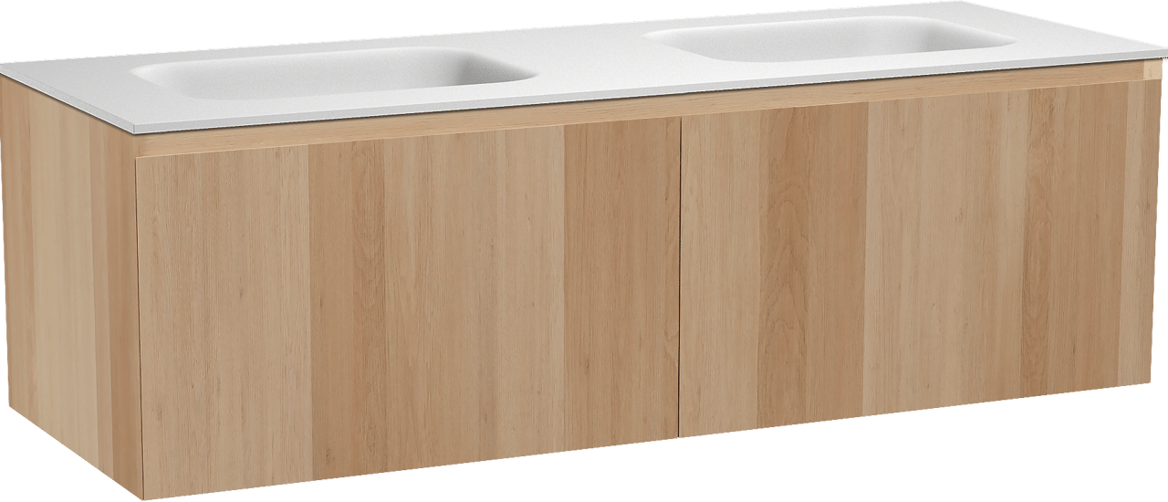 Balmani Idra zwevend badmeubel 150 x 55 cm naturel eiken met Tablo Arcato dubbele wastafel in solid surface mat wit