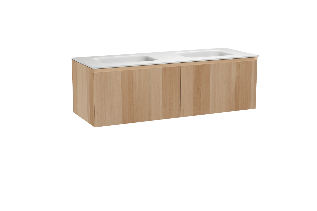 Balmani Idra hängendes Möbelstück Set: 150 x 55 cm, Naturbelassene Eiche, mit Tablo Arcato Doppelwaschtisch, Solid Surface Weiß matt