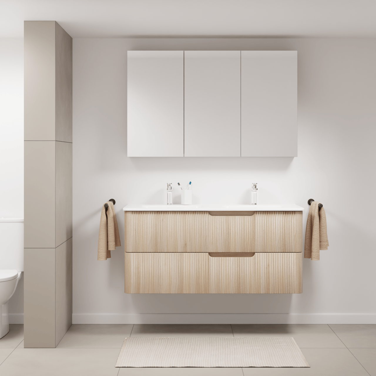 Linie Curvo hängendes Möbelstück Set: 120 x 46 cm, Eiche Hell, mit Baro Curvo Doppelwaschtisch Keramik Weiβ glänzend, Vertikale symmetrische runde Rippe