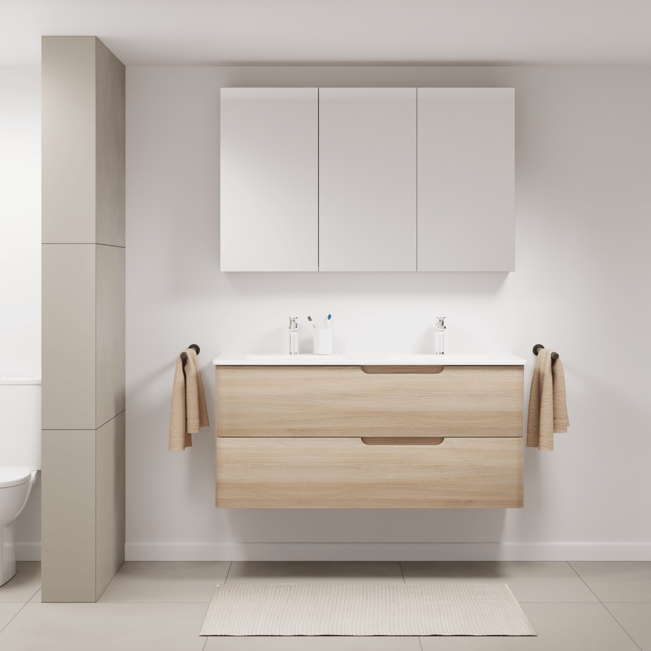 Linie Curvo hängendes Möbelstück Set: 120 x 46 cm, Eiche Hell, mit Baro Curvo Doppelwaschtisch Keramik Weiβ glänzend