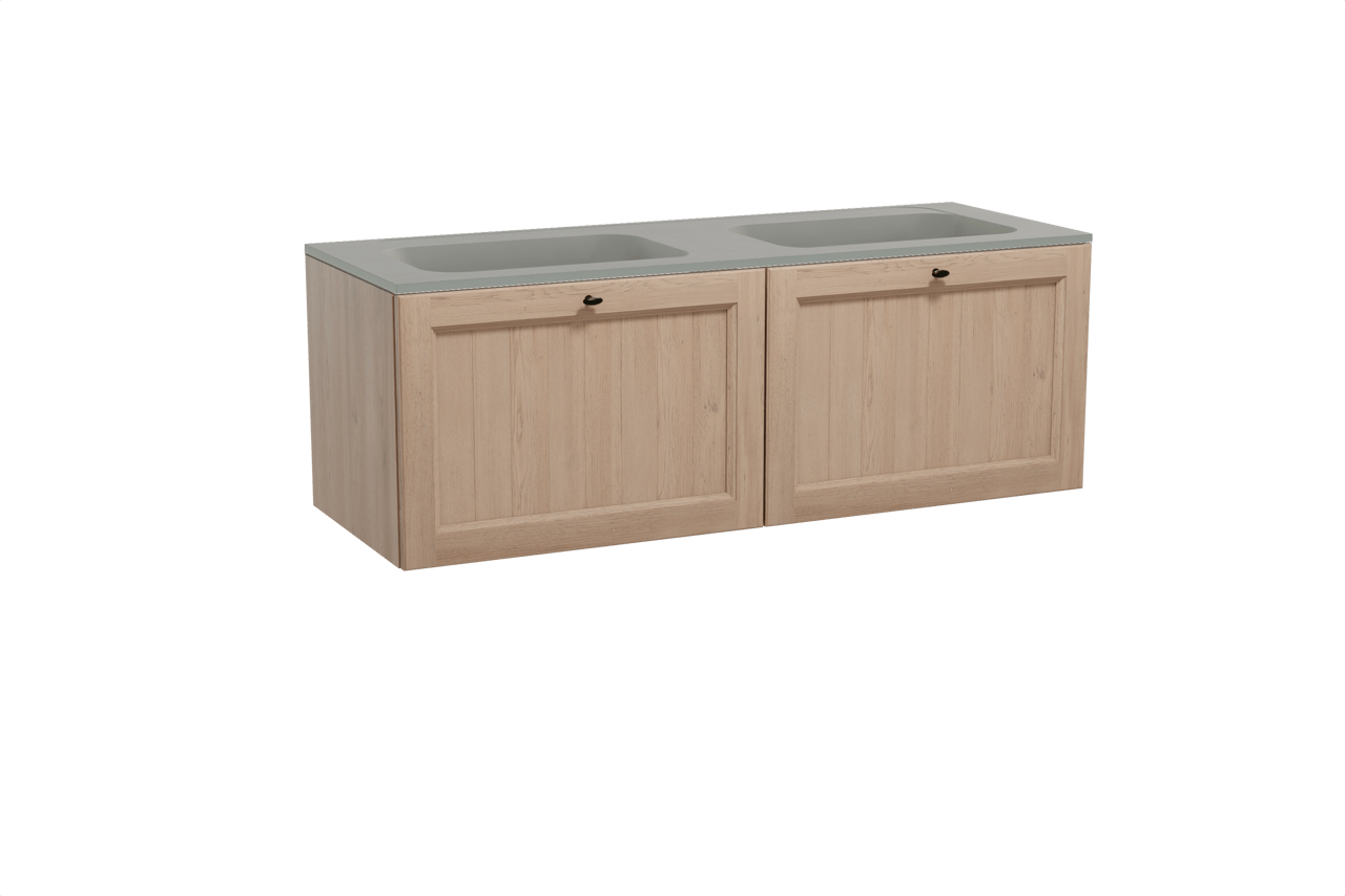 Balmani Lemon hängendes Möbelstück Set: 150 x 55 cm, Verwitterte Eiche, mit Tablo Strada Doppelwaschtisch, Marmorkomposit Seidengrau