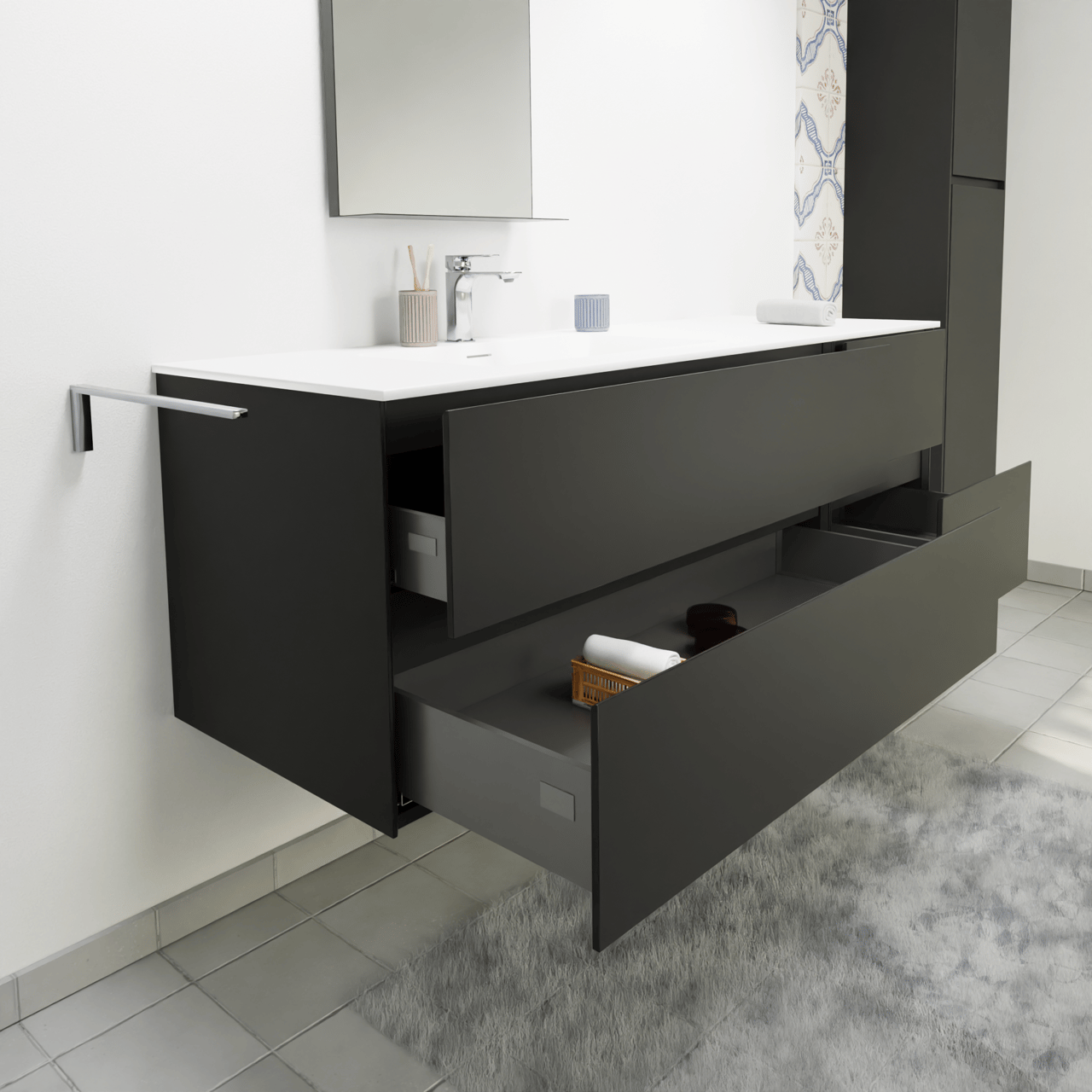Storke Edge meuble salle de bains suspendu 150 x 52 cm noir mat avec Scuro High vasque asymétrique gauche en quartz noir mat