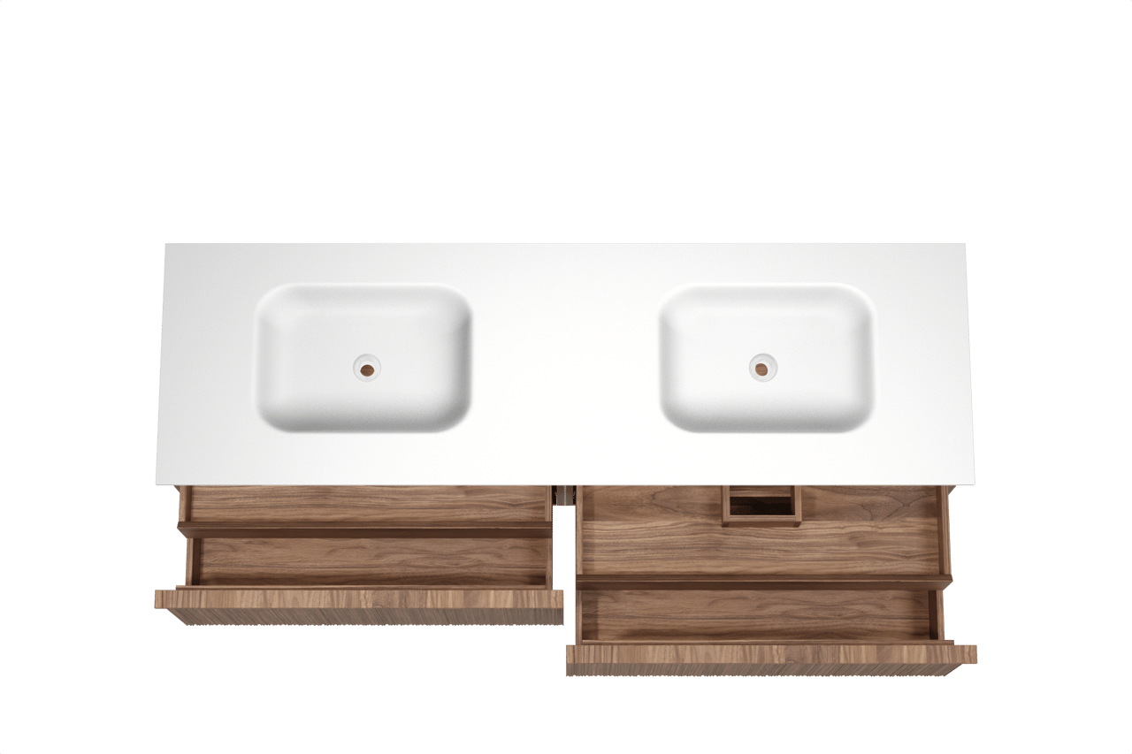 Balmani Forma zwevend badmeubel 180 x 55 cm amerikaans notenhout met Tablo Arcato dubbele wastafel in solid surface mat wit, Verticale asymmetrische ronde ribbel