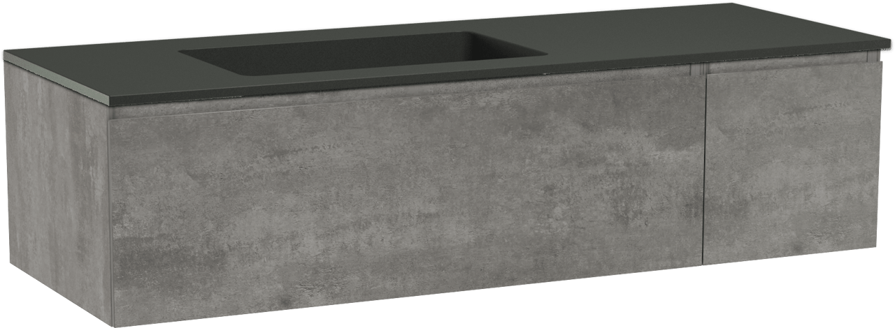 Storke Edge zwevend badmeubel 140 x 52 cm beton donkergrijs met Scuro asymmetrisch linkse wastafel in kwarts mat zwart