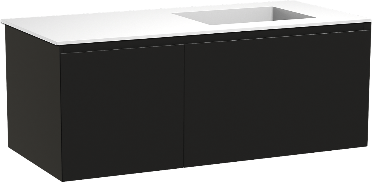 Balmani Idra meuble salle de bains suspendu 120 x 55 cm noir mat avec Tablo Stretto vasque asymétrique droite en solid surface blanc mat