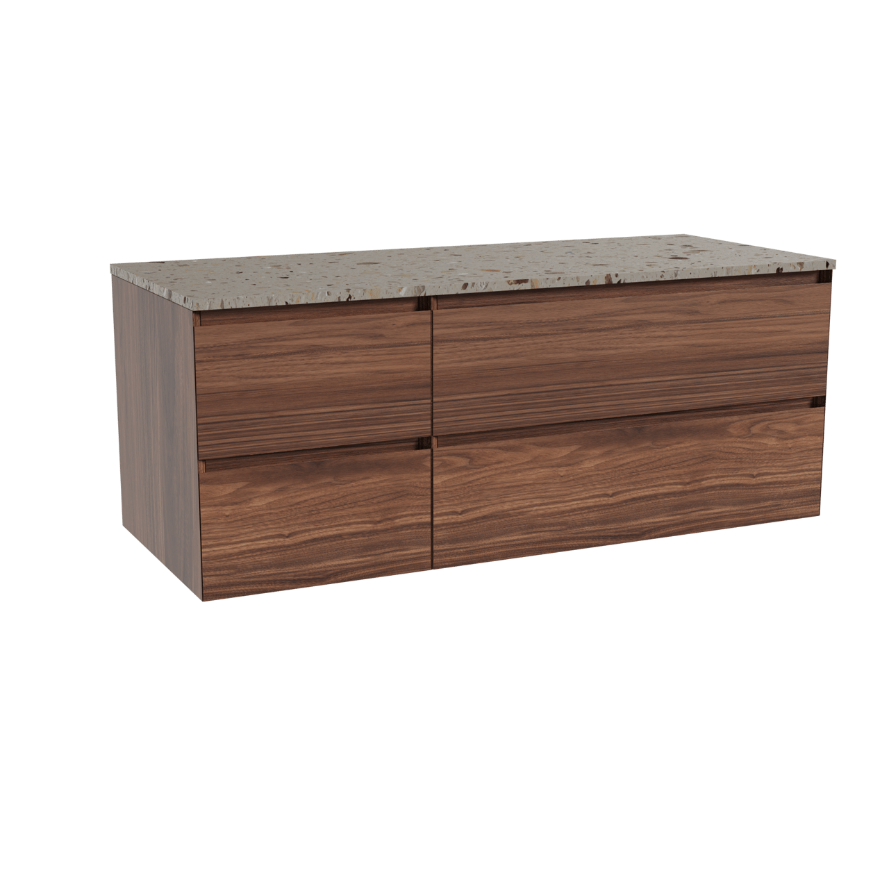 Balmani Mitra hängendes Möbelstück Set: 135 x 55 cm, Nussbaum, mit Stretto Einzel- oder Doppel Waschtischplatte, Terrazzo in Greige