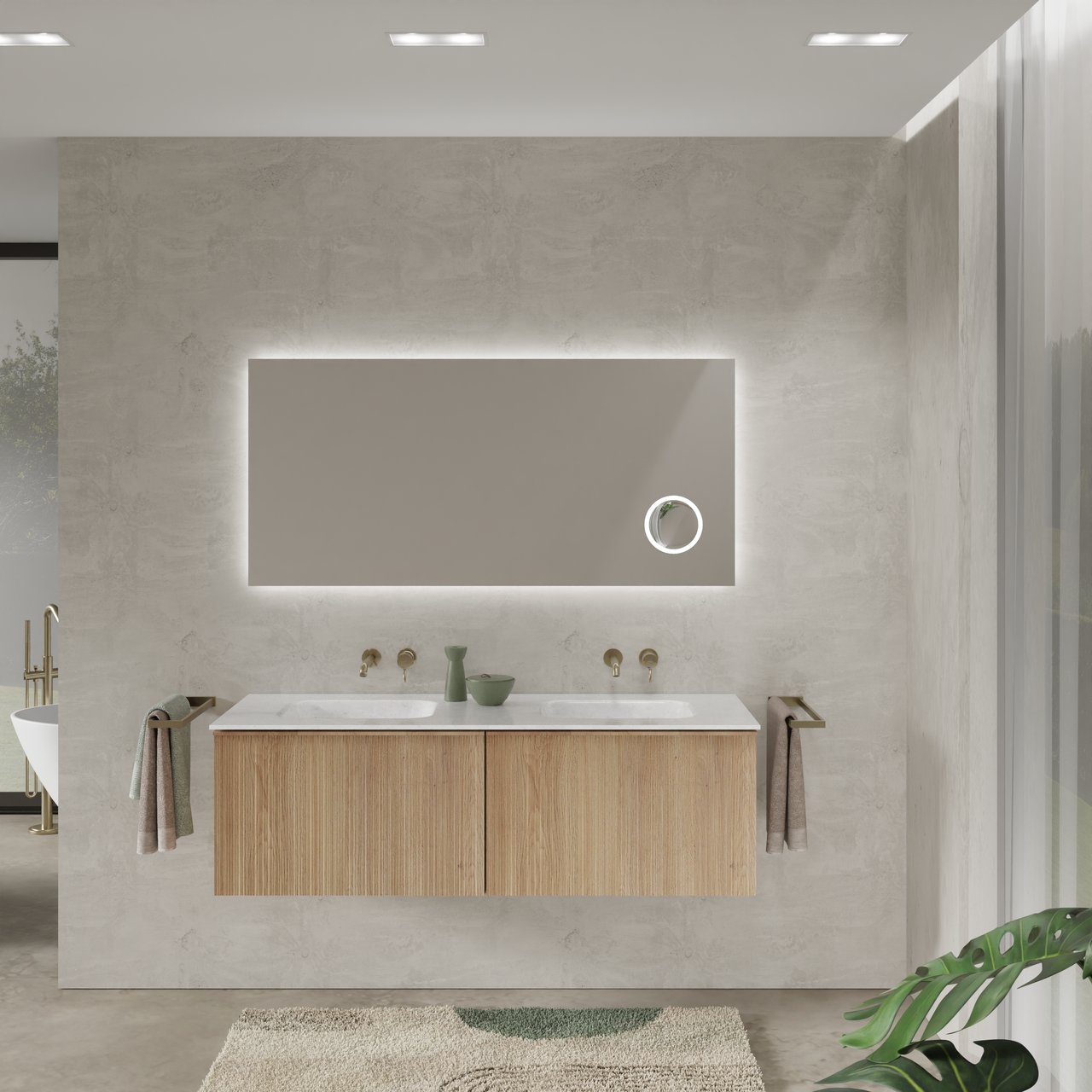 Balmani Forma zwevend badmeubel 150 x 55 cm naturel eiken met Tablo Arcato dubbele wastafel in marmer carrara, Verticale asymmetrische ronde ribbel en Giro badkamerspiegel