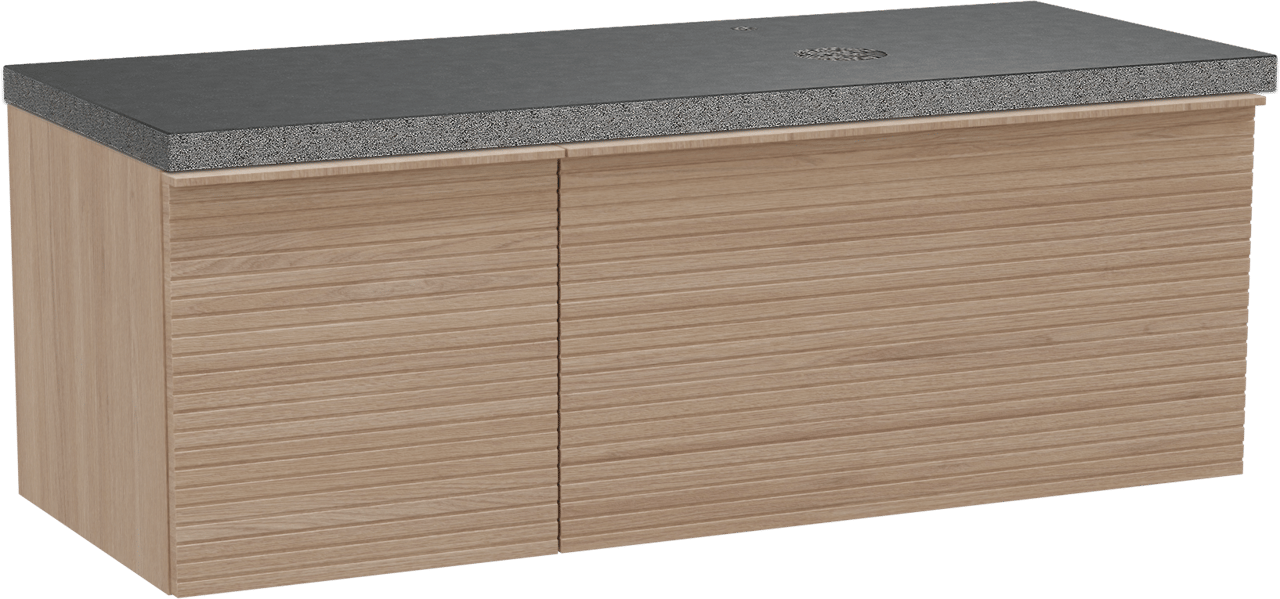 Balmani Forma hängendes Möbelstück Set: 135 x 55 cm, Naturbelassene Eiche, mit Rock Waschtisch rechts, Granit, Schwarzes Granit, Horizontale symmetrische gerade Rippe