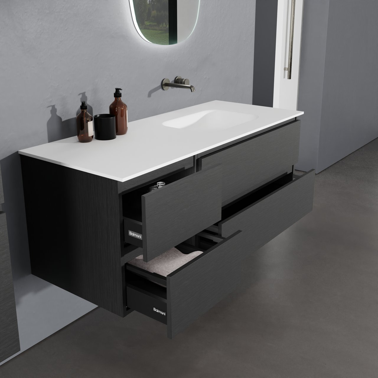 Balmani Lucida meuble salle de bains suspendu 135 x 55 cm chêne noir avec Tablo Arcato vasque asymétrique droite en solid surface blanc mat