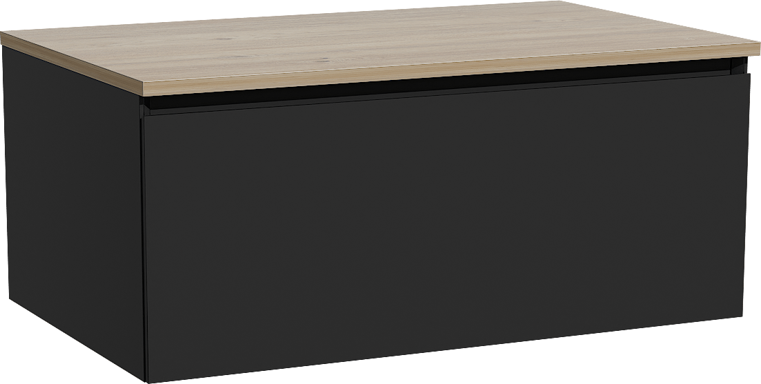 Storke Edge zwevend badmeubel 85 x 52 cm mat zwart met Panton enkel wastafelblad in melamine ruw eiken