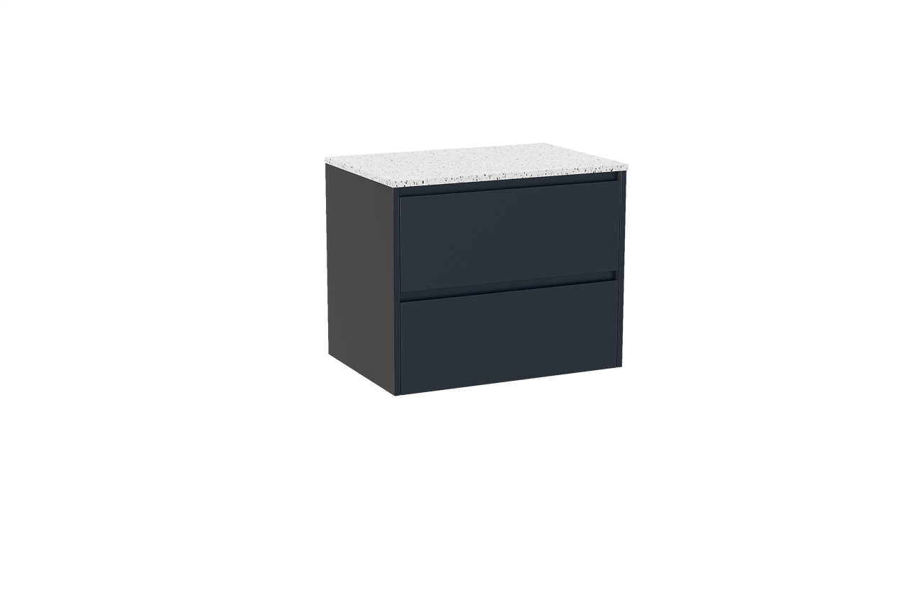 Storke Seda hängendes Möbelstück Set: 75 x 52 cm, Nachtblau, mit Tavola Einzel Waschtischplatte, Terrazzo in Weiß/Schwarz matt