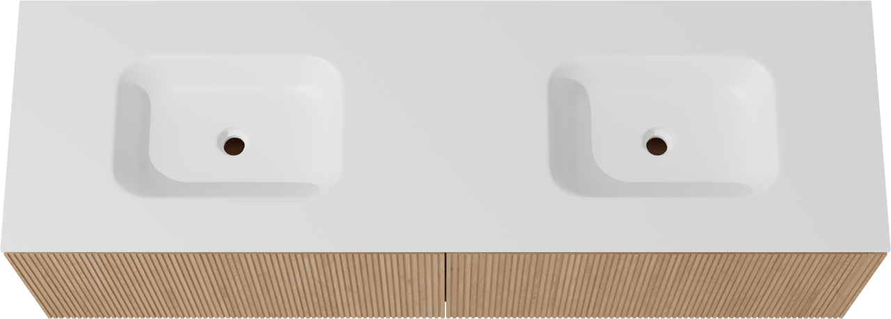 Balmani Eclips zwevend badkamermeubel 180 x 55 cm Natuur eik met Tablo Arcato dubbele wastafel in Solid Surface mat wit, Verticale symmetrische rechte ribbel