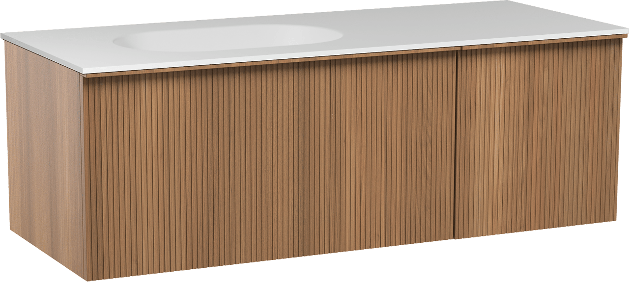 Balmani Forma hängendes Möbelstück Set: 135 x 55 cm, Teak, mit Tablo Oval Waschtisch links, Solid Surface, Weiß matt, Vertikale symmetrische gerade Rippe