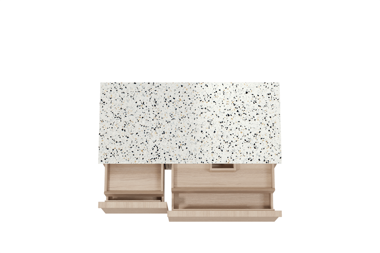 Balmani Forma zwevend badkamermeubel 120 x 55 cm natuur eik met Stretto enkel of dubbel tablet in mat wit/zwart terrazzo, Horizontale symmetrische rechte ribbel