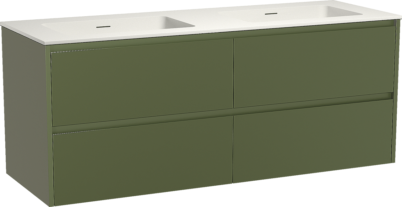 Storke Seda zwevend badmeubel 150 x 52 cm olijfgroen met Mata dubbele wastafel in solid surface mat wit
