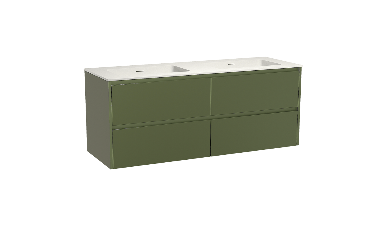 Storke Seda meuble salle de bains suspendu 150 x 52 cm vert olive avec Mata double vasque en solid surface blanc mat