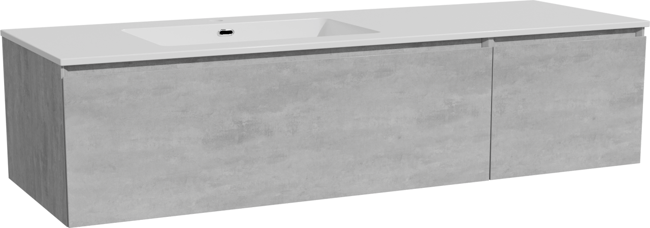 Storke Edge meuble salle de bains suspendu 150 x 52 cm béton gris foncé avec Diva plan vasque asymétrique à gauche en marbre composite blanc brillant