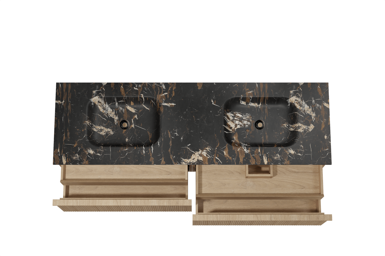 Balmani Forma hängendes Möbelstück Set: 180 x 55 cm, Naturbelassene Eiche, mit Tablo Arcato Doppelwaschtisch, Marmor, Portoro Gold, Vertikale symmetrische gerade Rippe