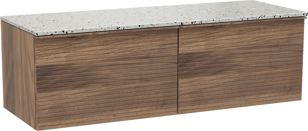 Balmani Forma zwevend badmeubel 150 x 55 cm amerikaans notenhout met Stretto enkel of dubbel wastafelblad in mat wit/zwart terrazzo, Horizontale symmetrische rechte ribbel