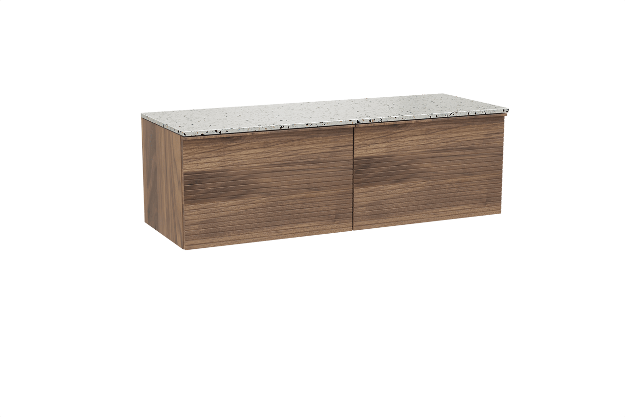 Balmani Forma meuble salle de bains suspendu 150 x 55 cm noyer américain avec Stretto tablette simple ou double en blanc/noir mat terrazzo, Nervure droite symétrique horizontale