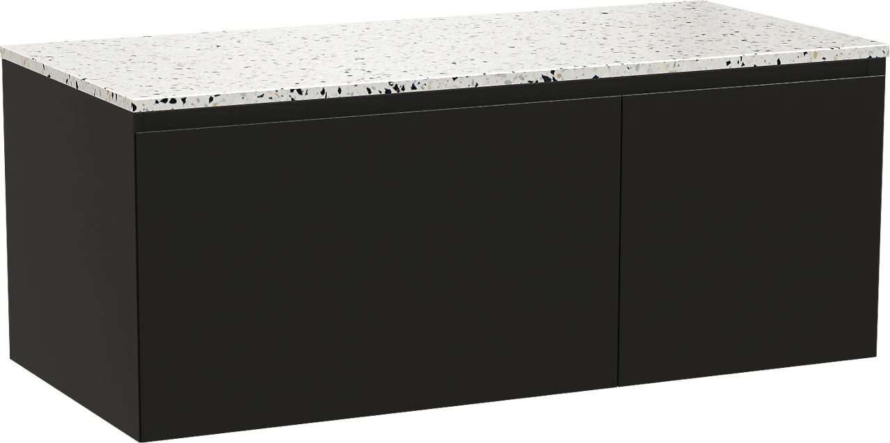 Balmani Idra hängendes Möbelstück Set: 120 x 55 cm, Schwarz matt, mit Stretto Einzel- oder Doppel Waschtischplatte, Terrazzo in Weiß/Schwarz matt