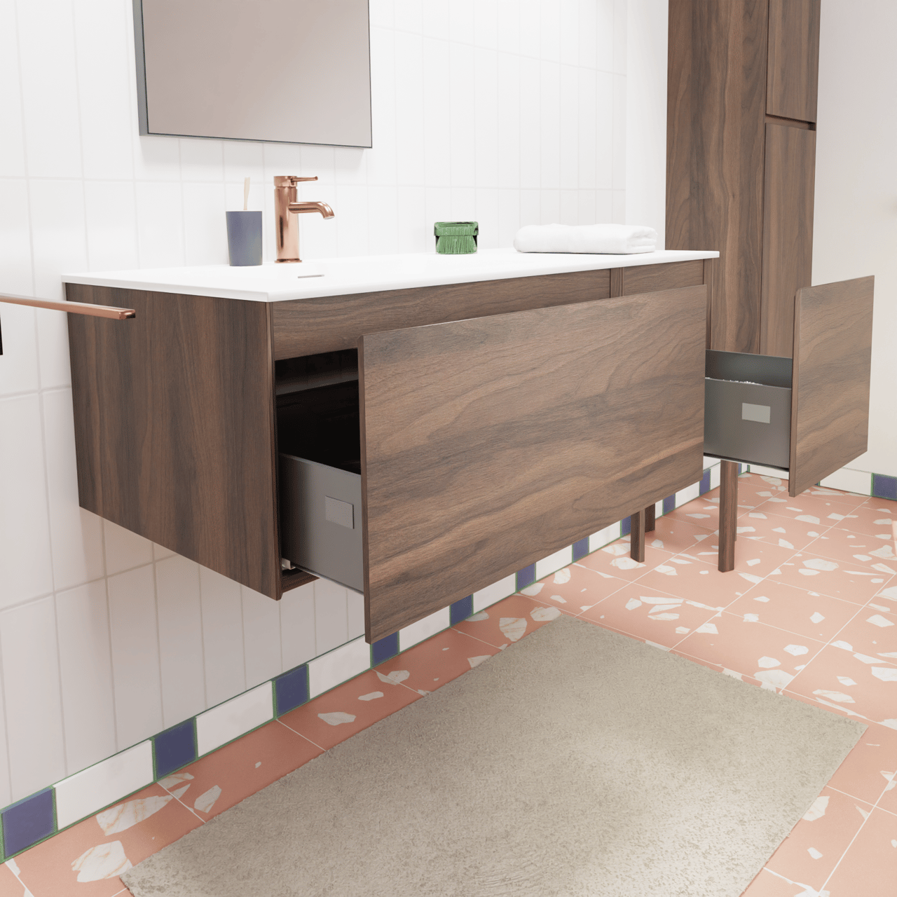 Storke Edge hängendes Möbelstück Set: 110 x 52 cm, Nussbaum, mit Mata Waschtisch links, Solid Surface Weiß matt