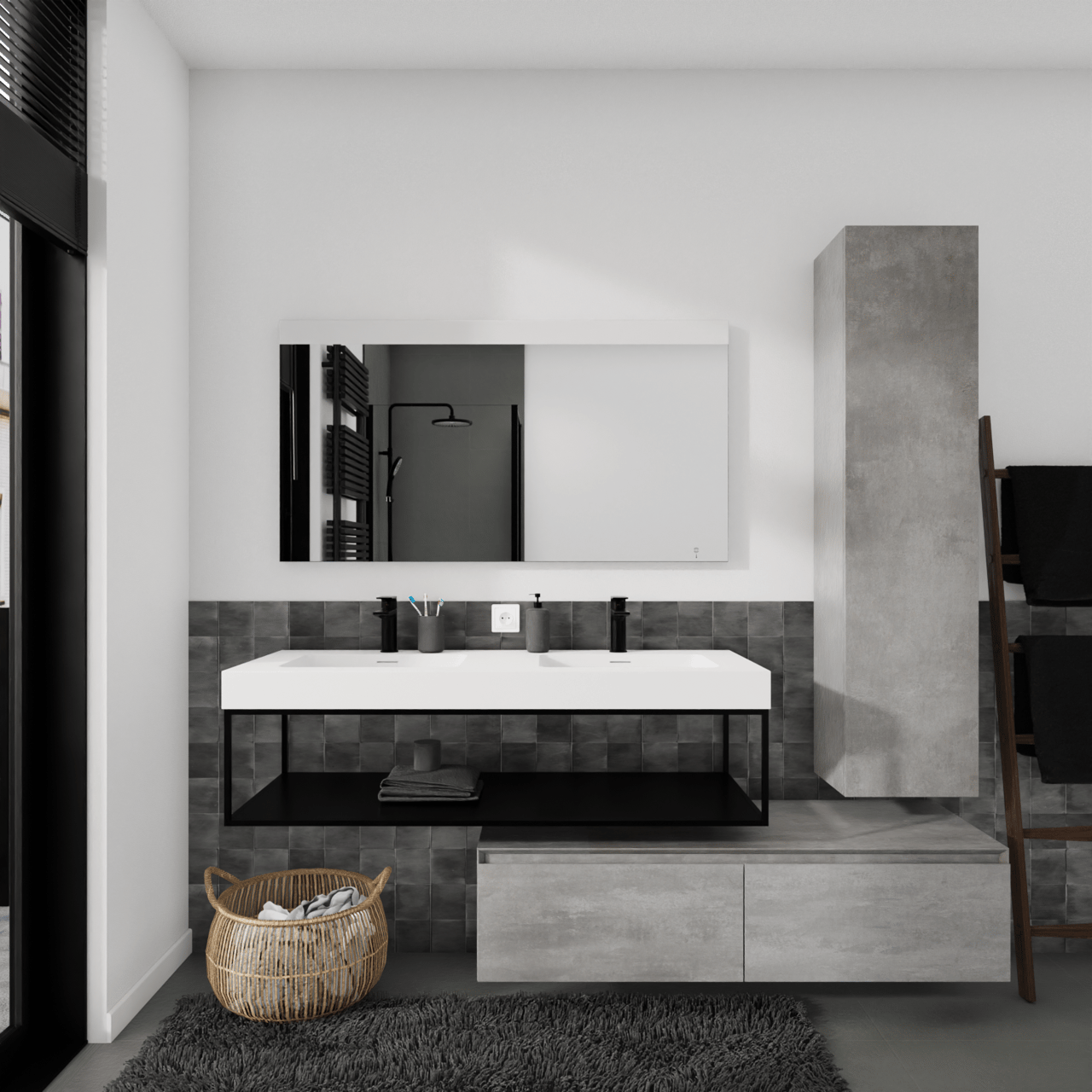 Storke Edge Modulo hängender Waschbeckenunterschrank: 130 x 48 cm, Beton dunkelgrau, 2 Schubladen