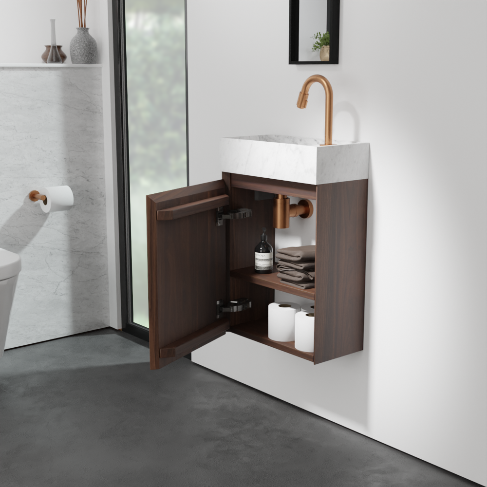 Balmani Mitra zwevend toiletmeubel 42 x 21 cm amerikaanse notelaar met Dama wastafel in Carrara marmer