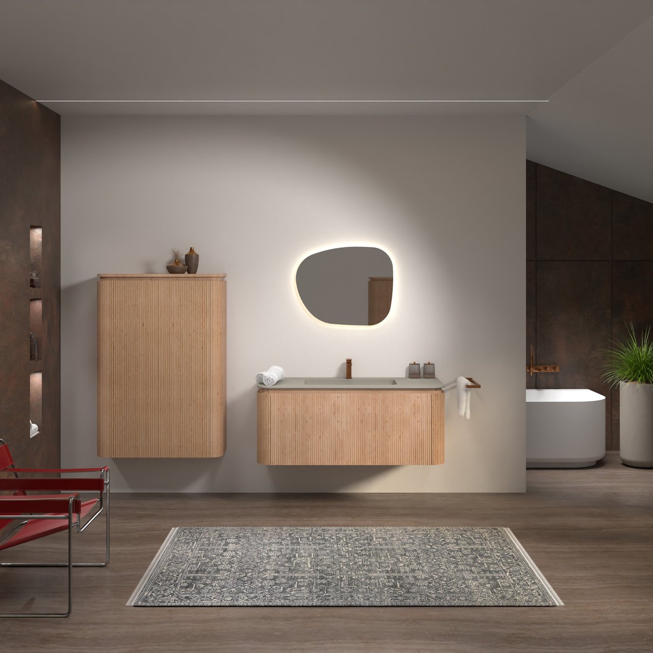 Balmani Moon zwevend badmeubel 130 x 55 cm naturel eiken met Moon enkele wastafel in top solid zijdegrijs, Verticale symmetrische rechte ribbel