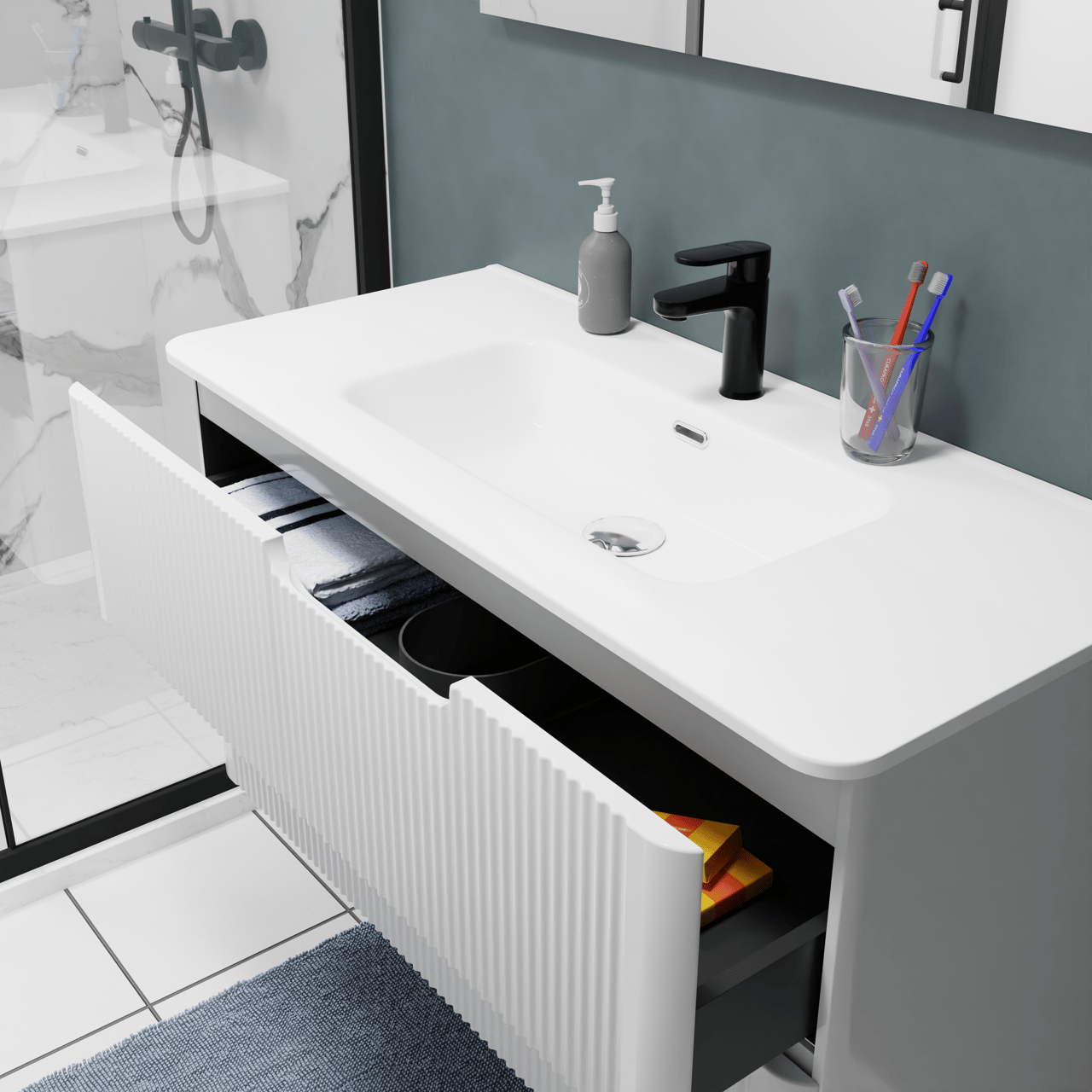 Linie Curvo meuble salle de bains suspendu 100 x 46 cm blanc brillant avec Baro Curvo plan simple en porcelaine blanc brillant, Nervure circulaire symétrique verticale