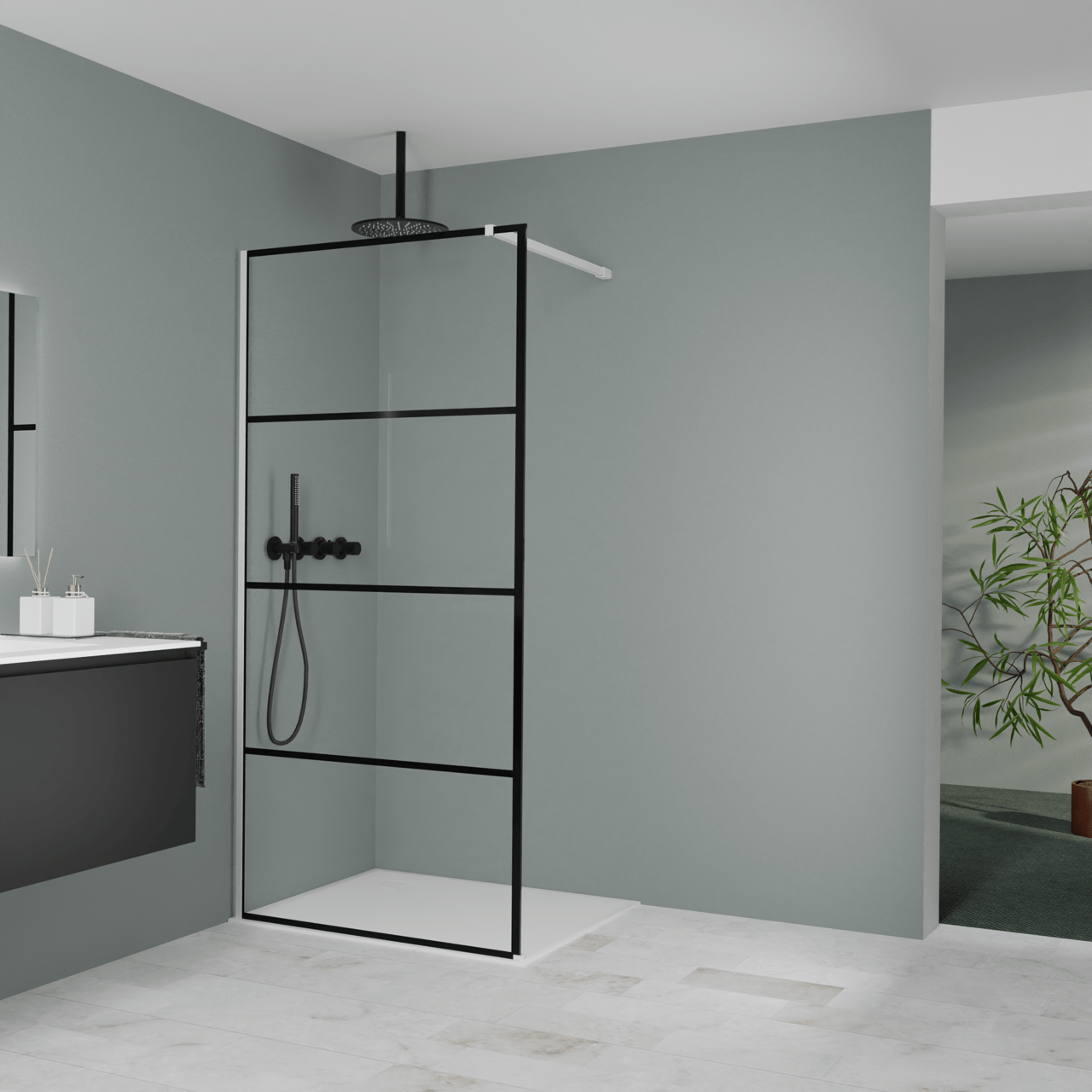 Balmani Modular douche à l'italienne: 100 x 200 cm, Lined, avec coating, Profil Blanc mat