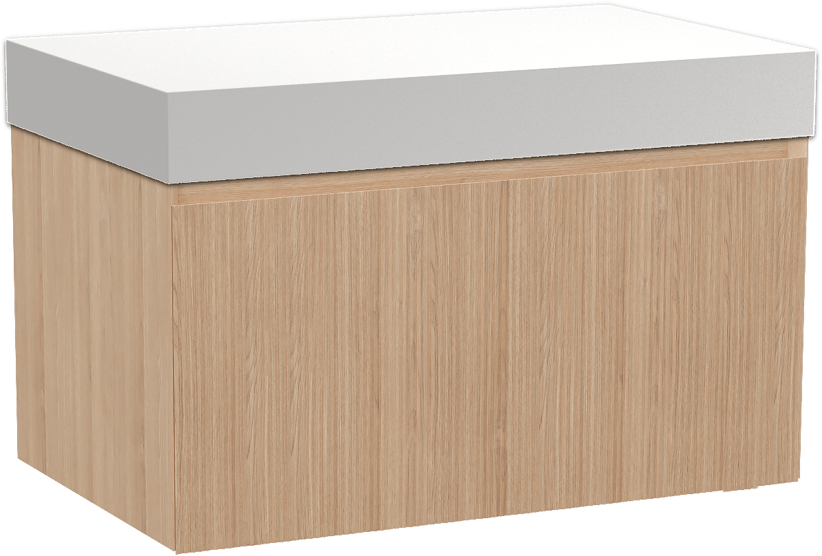 Balmani Fila by Mitra meuble salle de bains suspendu 90 x 55 cm chêne naturel avec Dominus tablette simple en solid surface blanc mat, Nervure droite symétrique verticale