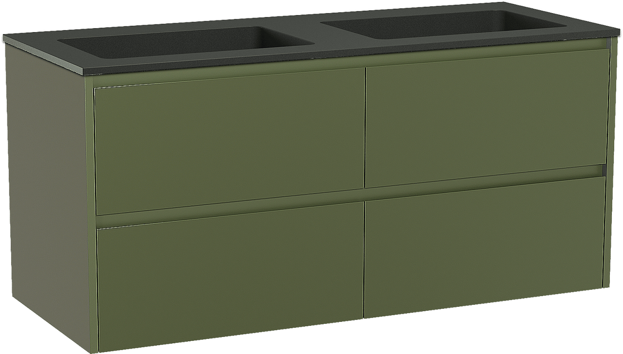 Storke Seda meuble salle de bains suspendu 130 x 52 cm vert olive avec Scuro double vasque en quartz noir mat