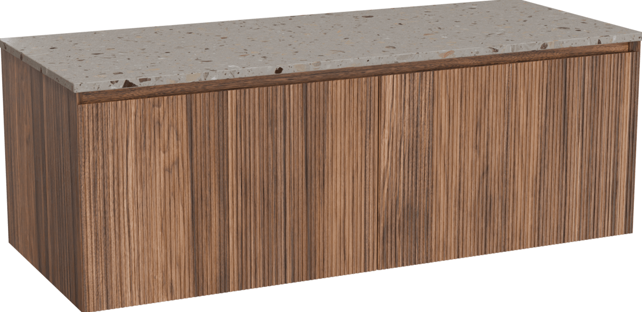 Balmani Fila meuble salle de bains suspendu 135 x 55 cm noyer avec Stretto tablette simple ou double en terrazzo greige terrazzo, Nervure droite symétrique verticale