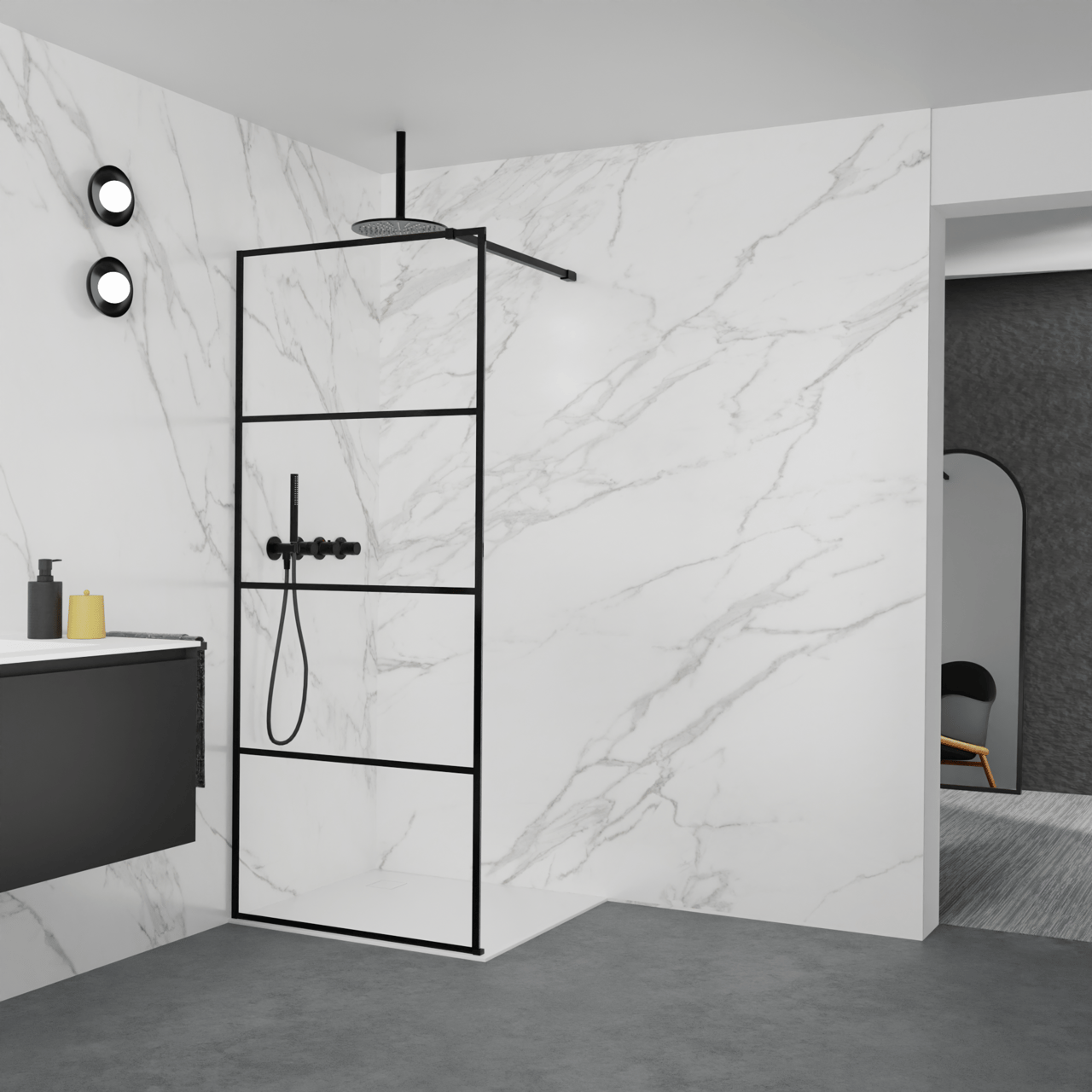 Balmani Modular douche à l'italienne: 90 x 200 cm, Lined, avec coating, Profil Noir mat