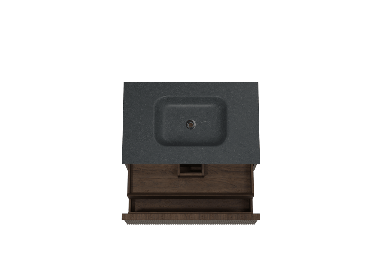 Balmani Forma hängendes Möbelstück Set: 90 x 55 cm, Geräucherte Eiche, mit Tablo Arcato Einzelwaschtisch, Granit, Schwarzes Granit, Vertikale symmetrische gerade Rippe