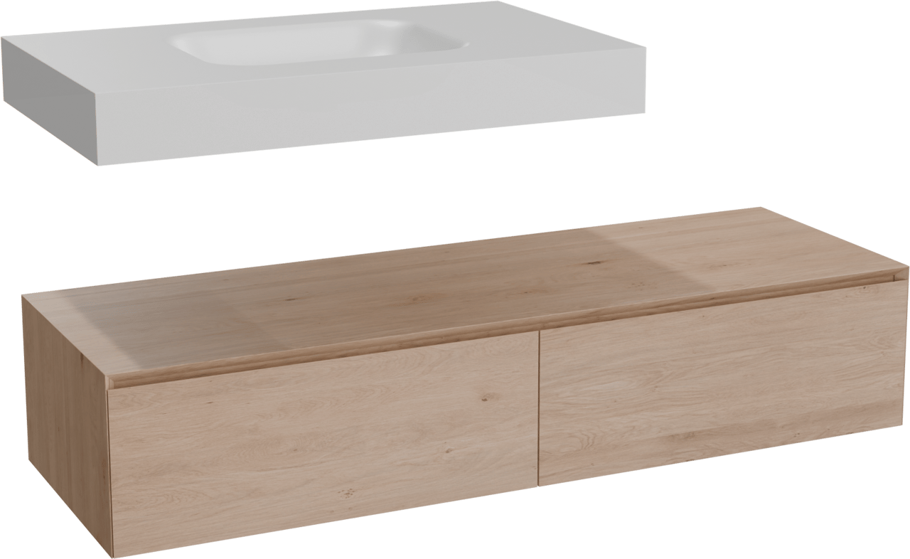 Balmani Mitra Elements meuble salle de bains suspendu 150 x 55 cm chêne naturel avec Wave plan simple 90 cm en solid surface blanc mat