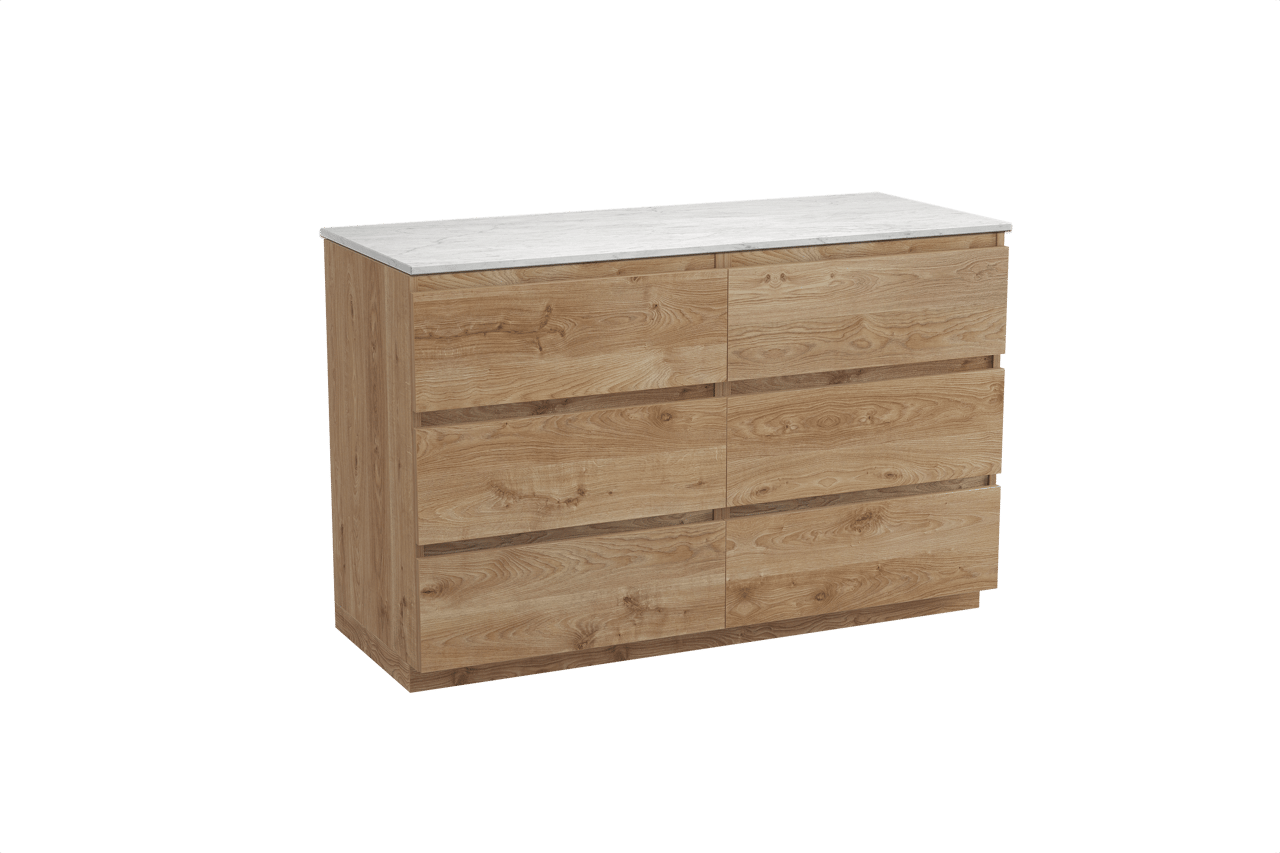 Balmani Lucida meuble salle de bains à poser 135 x 55 cm chêne brut avec Stretto tablette simple ou double en marbre carrare