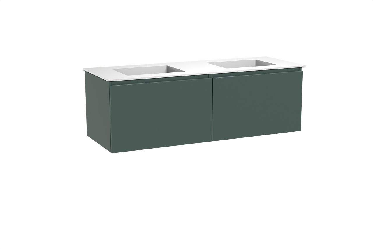 Balmani Sfera meuble salle de bains suspendu 150 x 55 cm forest avec Tablo Stretto double vasque en solid surface blanc mat