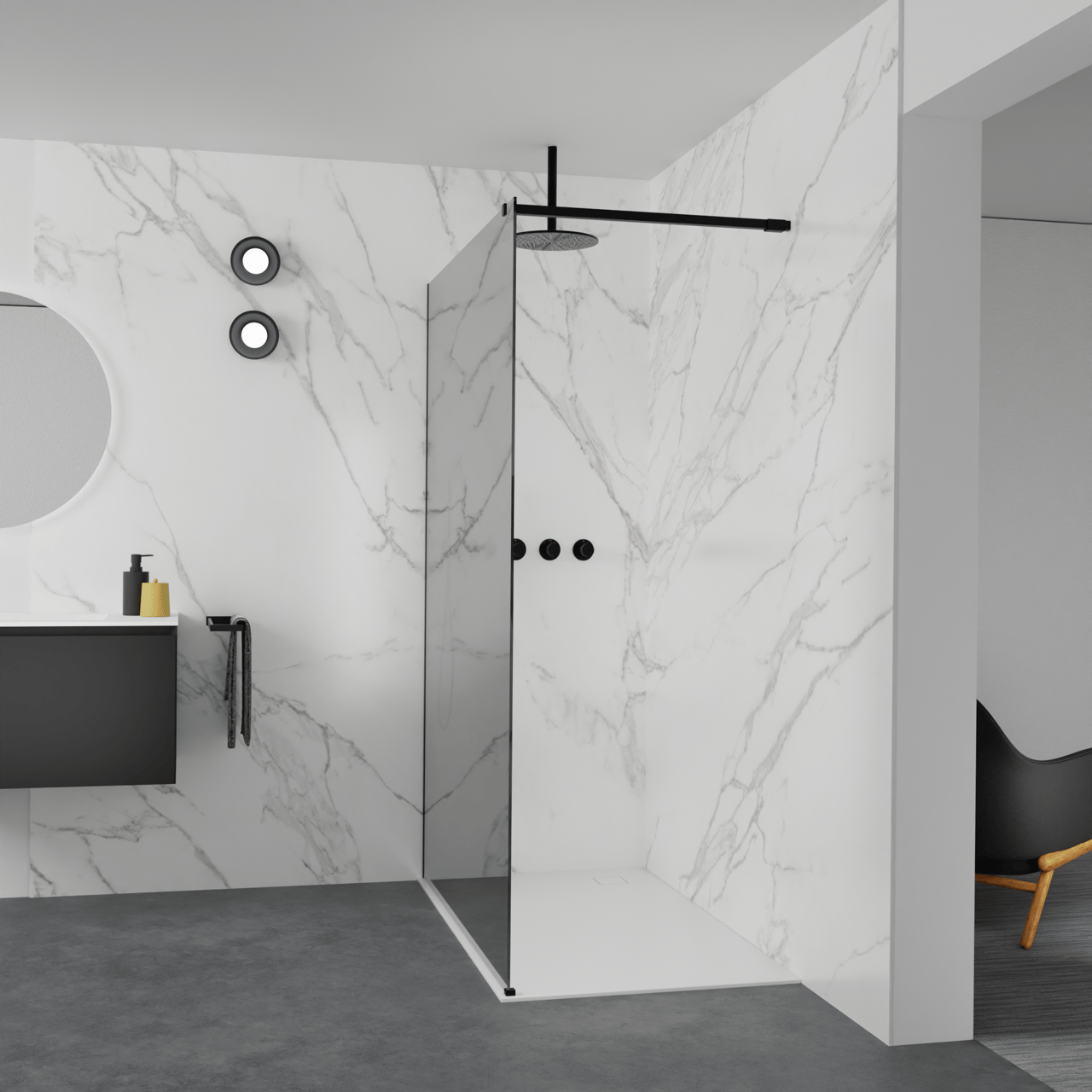 Balmani Modular Walk-In Dusche: 140 x 200 cm, Reflex-Spiegelglas, Profil Schwarz matt